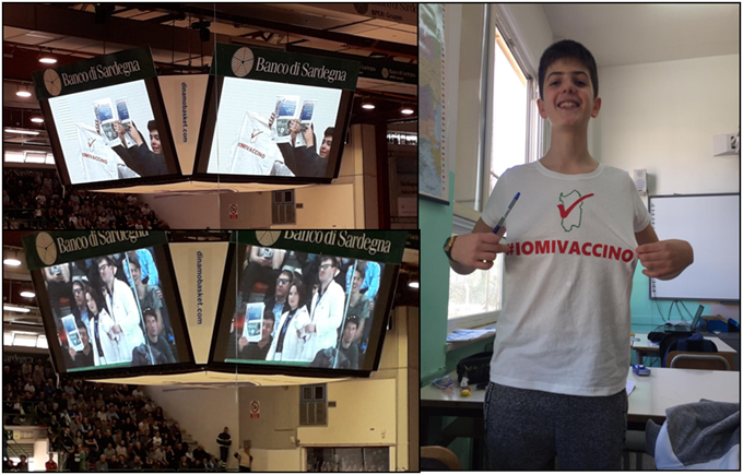 <b>Alcuni degli istanti durante le VaccinarsiCam e Carlo, uno dei giovanissimi coinvolti, a scuola con la t-shirt in omaggio.</b>